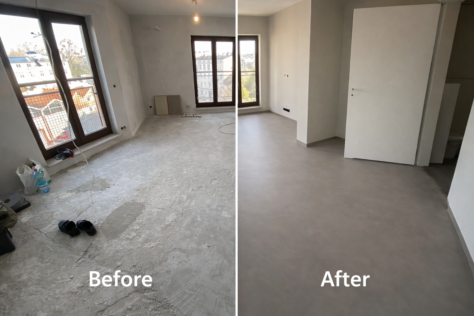 Mikrocement podłoga Łódź — efekt przed i po wykonaniu powierzchni dekoracyjnej