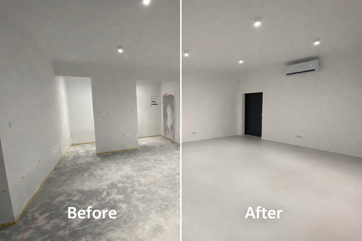 Mikrocement posadzka Łódź — realizacja przed i po wykonaniu mikrocementu