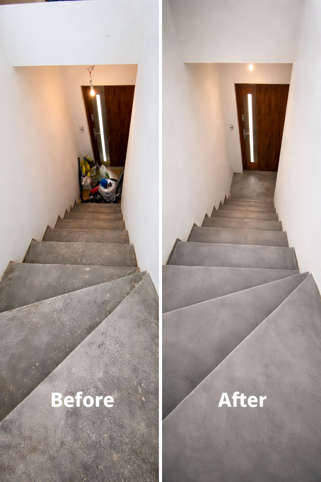 Schody z mikrocementu Łódź — efekt przed i po realizacji